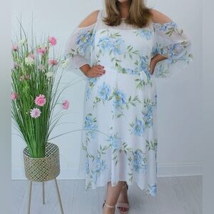 Signature by Robbie Bee Asymmetrical Floral Dress in Blue and White
